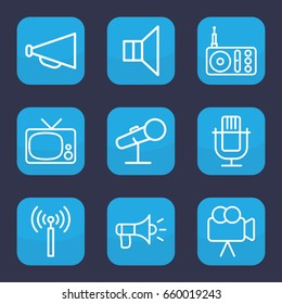 Broadcast icon. set of 9 outline broadcast icons such as signal tower, megaphone, radio, camera, microphone