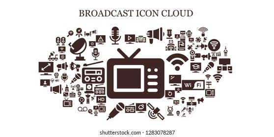  broadcast icon set. 93 filled broadcast icons. Simple modern icons about  - Television, Web cam, Microphone, Loudspeaker, Megaphone, Signal, Radio, Karaoke, Satellite dish, Wifi