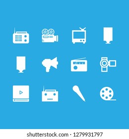 broadcast icon set about video camera, old tv, video player and microphone vector set