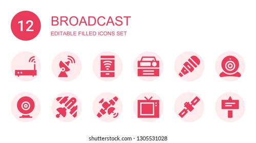 broadcast icon set. Collection of 12 filled broadcast icons included Wifi, Antenna, Free wifi, Radio, Microphone, Webcam, Satellite, Television, Signal