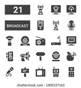 broadcast icon set. Collection of 21 filled broadcast icons included Voice recorder, Radio, Television, Signal, Microphone, Wifi signal, Webcam, Signals, Parabolic, Wifi, Wireless