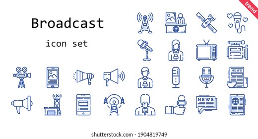 broadcast icon set. line icon style. broadcast related icons such as news, antenna, megaphone, signal tower, television, news reporter, speaker, video camera, satellite, microphone, 