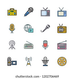 broadcast icon set. vector set about camcorder, microphone, television and film icons set.