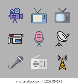 broadcast icon set. vector set about satellite dish, antenna, television and video camera icons set.