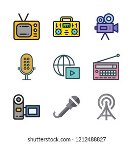 broadcast icon set. vector set about radio antenna, streaming, camcorder and microphone icons set.