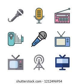 broadcast icon set. vector set about camcorder, microphone, radio and radio antenna icons set.