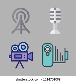 broadcast icon set. vector set about microphone, video camera, radio antenna and camcorder icons set.