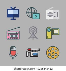 broadcast icon set. vector set about camcorder, video camera, radio and radio antenna icons set.