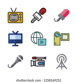 broadcast icon set. vector set about radio antenna, camcorder, television and streaming icons set.