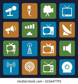 Broadcast icons set. set of 16 broadcast filled icons such as signal tower, signal, microphone, Tv, TV, camera, megaphone, web camera