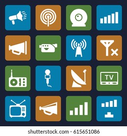 Broadcast icons set. set of 16 broadcast filled icons such as signal, megaphone, microphone, radio, Tv, camera, TV, web camera, no signal, transmitter