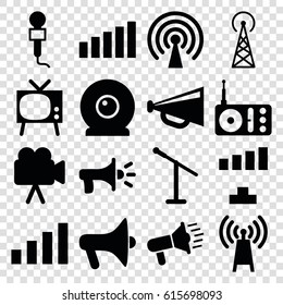 Broadcast icons set. set of 16 broadcast filled icons such as signal tower, signal, megaphone, microphone, radio, camera, web camera, transmitter