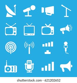 Broadcast icons set. set of 16 broadcast filled icons such as signal tower, signal, microphone, radio, Tv, TV, megaphone
