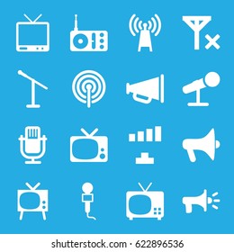 Broadcast icons set. set of 16 broadcast filled icons such as signal, microphone, radio, TV, megaphone, no signal
