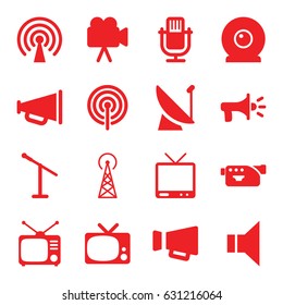 Broadcast icons set. set of 16 broadcast filled icons such as signal tower, tv, tv, camera, megaphone, web camera, signal, microphone
