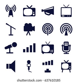 Broadcast icons set. set of 16 broadcast filled icons such as signal, megaphone, microphone, tv, camera