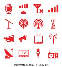 Broadcast icons set. set of 16 broadcast filled icons such as signal tower, signal, megaphone, microphone, radio, tv, no signal