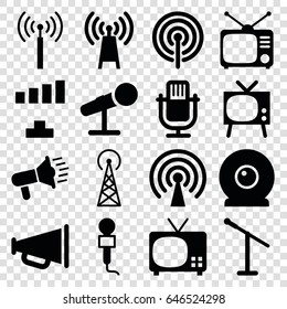Broadcast icons set. set of 16 broadcast filled icons such as signal tower, signal, microphone, tv, web camera, megaphone, transmitter