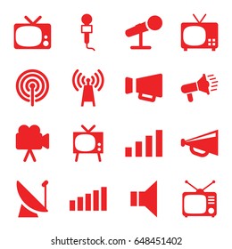 Broadcast icons set. set of 16 broadcast filled icons such as megaphone, microphone, tv, camera, signal, tv, transmitter