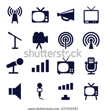 Broadcast icons set. set of 16 broadcast filled icons such as signal, megaphone, microphone, tv, camera