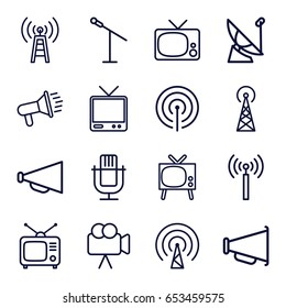 Broadcast icons set. set of 16 broadcast outline icons such as signal tower, megaphone, tv, tv, camera, signal, transmitter, satellite