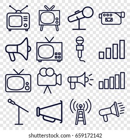 Broadcast icons set. set of 16 broadcast outline icons such as microphone, tv, camera, signal, megaphone, transmitter