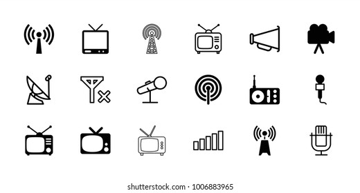 Broadcast icons. set of 18 editable filled and outline broadcast icons: tv, microphone, radio, tv, camera, signal, satellite, megaphone, no signal, signal tower