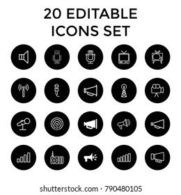 Broadcast icons. set of 20 editable outline broadcast icons such as megaphone, signal tower, microphone, tv, radio, camera. best quality broadcast elements in trendy style.