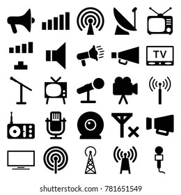 Broadcast icons. set of 25 editable filled broadcast icons such as signal tower, signal, microphone, tv, transmitter, megaphone, radio, tv, camera, satellite, web camera