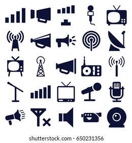 Broadcast icons set. set of 25 broadcast filled icons such as signal tower, signal, megaphone, microphone, radio, tv, camera, web camera, no signal, transmitter