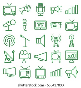Broadcast icons set. set of 25 broadcast outline icons such as signal tower, signal, megaphone, microphone, tv, tv, camera, transmitter