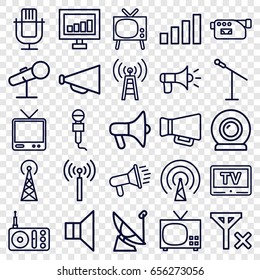 Broadcast icons set. set of 25 broadcast outline icons such as signal tower, signal, megaphone, microphone, radio, tv, camera, web camera, no signal, transmitter