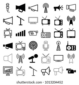 Broadcast icons. set of 36 editable filled and outline broadcast icons such as microphone, transmitter, radio, tv, tv, signal, megaphone, signal tower