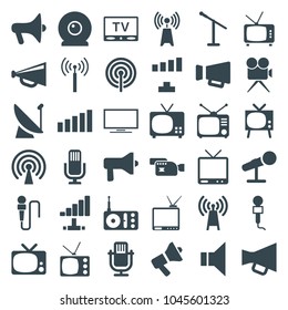 Broadcast icons. set of 36 editable filled broadcast icons such as signal tower, signal, megaphone, tv, microphone, transmitter, radio, tv, satellite, web camera