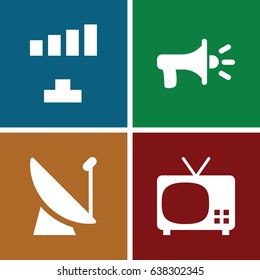 Broadcast icons set. set of 4 broadcast filled icons such as signal, megaphone, tv