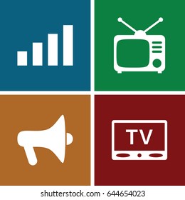 Broadcast icons set. set of 4 broadcast filled icons such as tv, tv, signal