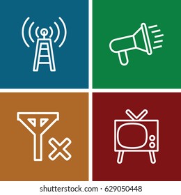 Broadcast icons set. set of 4 broadcast outline icons such as no signal, transmitter, TV