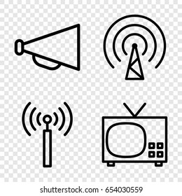 Broadcast icons set. set of 4 broadcast outline icons such as signal tower, megaphone, signal