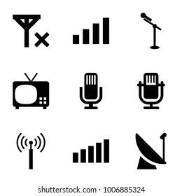 Broadcast icons. set of 9 editable filled broadcast icons such as signal tower, tv, microphone, satellite, signal