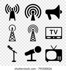 Broadcast icons. set of 9 editable filled broadcast icons such as signal tower, tv, transmitter, megaphone, microphone