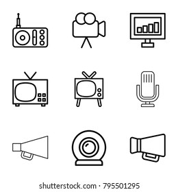 Broadcast icons. set of 9 editable outline broadcast icons such as signal, tv, radio, camera, megaphone, web camera