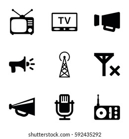 broadcast icons set. Set of 9 broadcast filled icons such as signal tower, megaphone, radio, Tv, TV, no signal