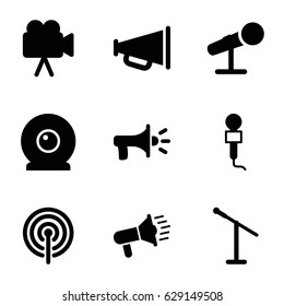 Broadcast icons set. set of 9 broadcast filled icons such as microphone, camera, web camera, megaphone