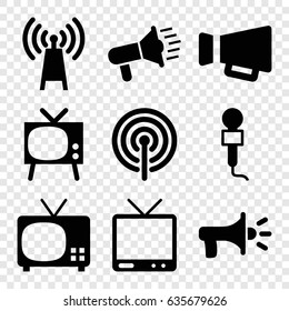Broadcast icons set. set of 9 broadcast filled icons such as microphone, tv, megaphone, signal