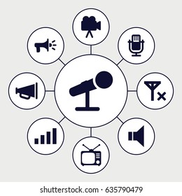Broadcast icons set. set of 9 broadcast filled icons such as tv, camera, megaphone, microphone, signal