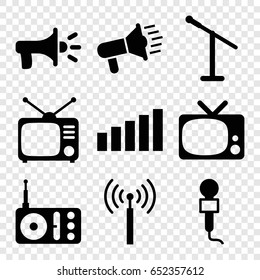 Broadcast icons set. set of 9 broadcast filled icons such as signal tower, microphone, radio, tv, signal, megaphone