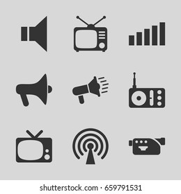 Broadcast icons set. set of 9 broadcast filled icons such as radio, tv, camera, megaphone, signal