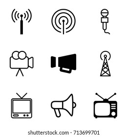 Broadcast icons set. set of 9 broadcast filled and outline icons such as signal tower, tv, megaphone, microphone, tv, camera
