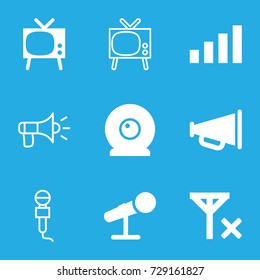 Broadcast icons set. set of 9 broadcast filled and outline icons such as microphone, web camera, megaphone, signal, no signal