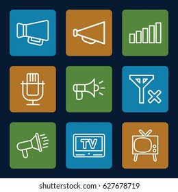 Broadcast icons set. set of 9 broadcast outline icons such as megaphone, TV, signal, no signal